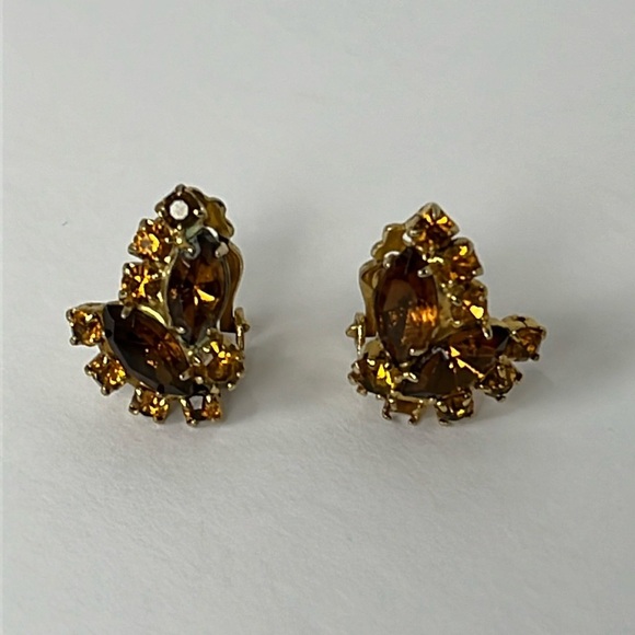 Vintage Gold Tone Brown Orange Marquee Rhinestones Clip On Earrings OS - Picture 1 of 8